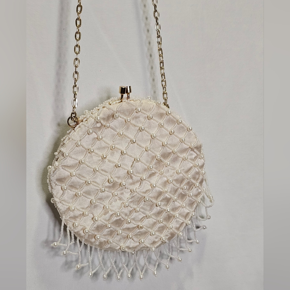 Vintage cream color round beaded purse chain strap gold hardware